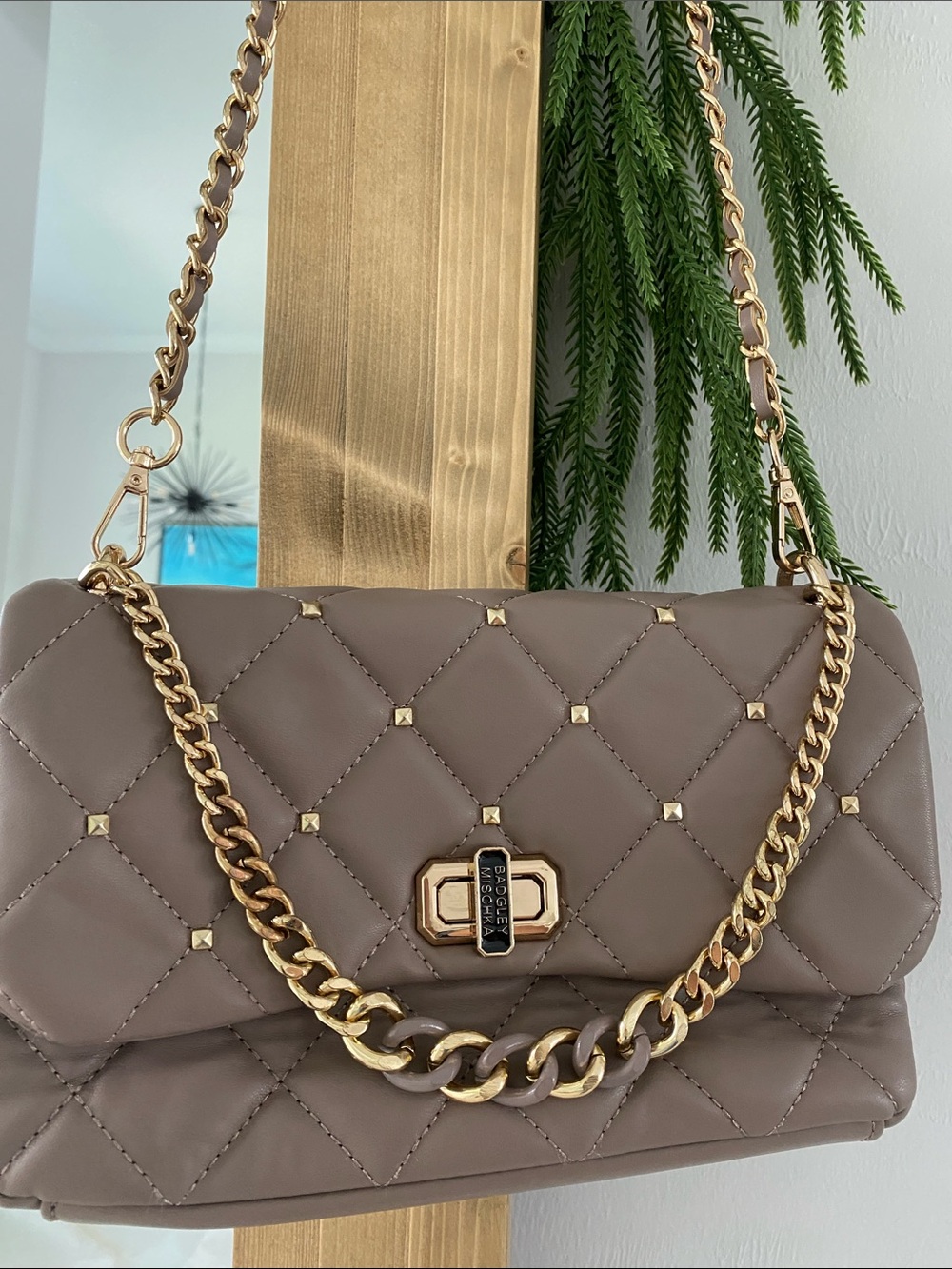Badgley Mischka Quilted Taupe Shoulder Bag with Gold Chain